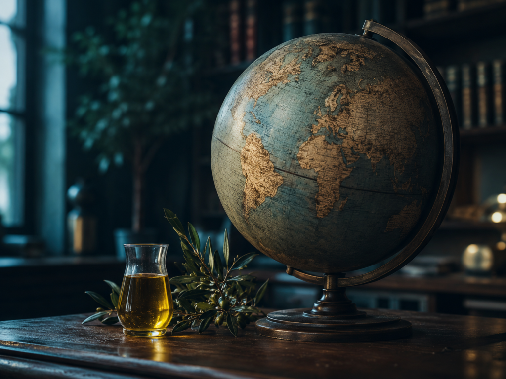 Antique globe with a glass of olive oil in a study