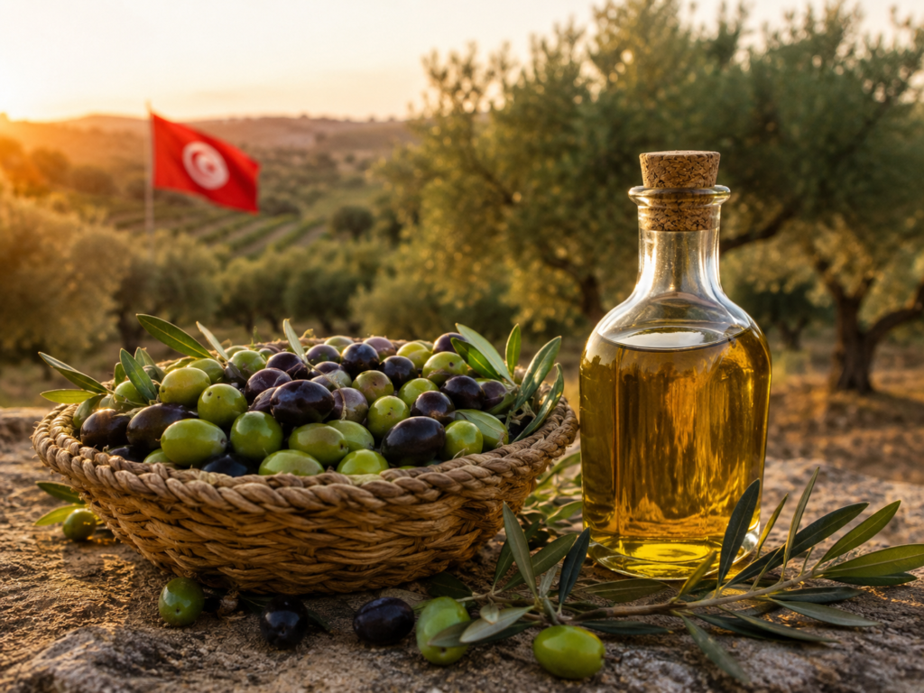 Basket of olives and bottle of olive oil in a Tunisian grove