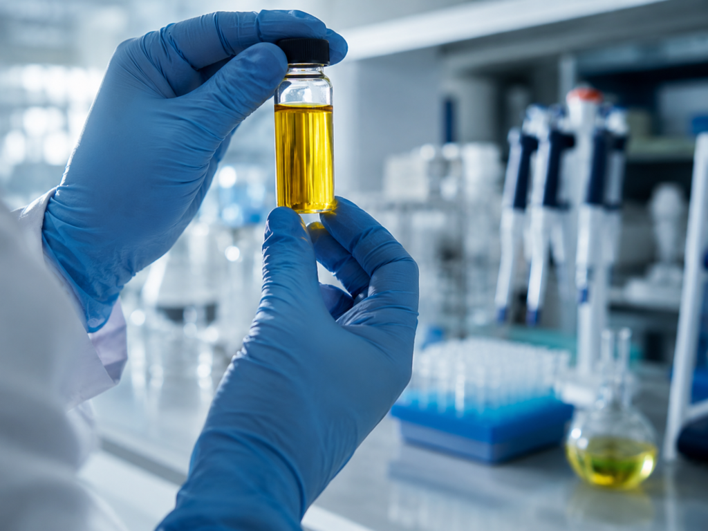 Gloved hands inspecting a vial of olive oil in a laboratory