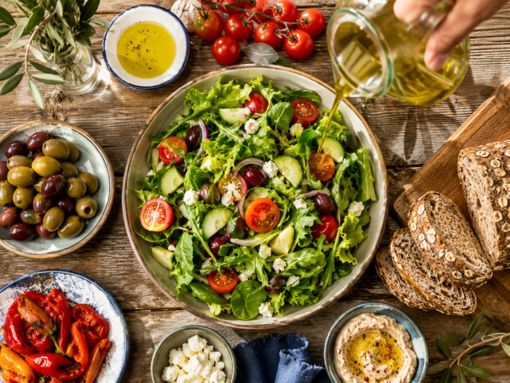 Fresh salad drizzled with olive oil on a Mediterranean table spread