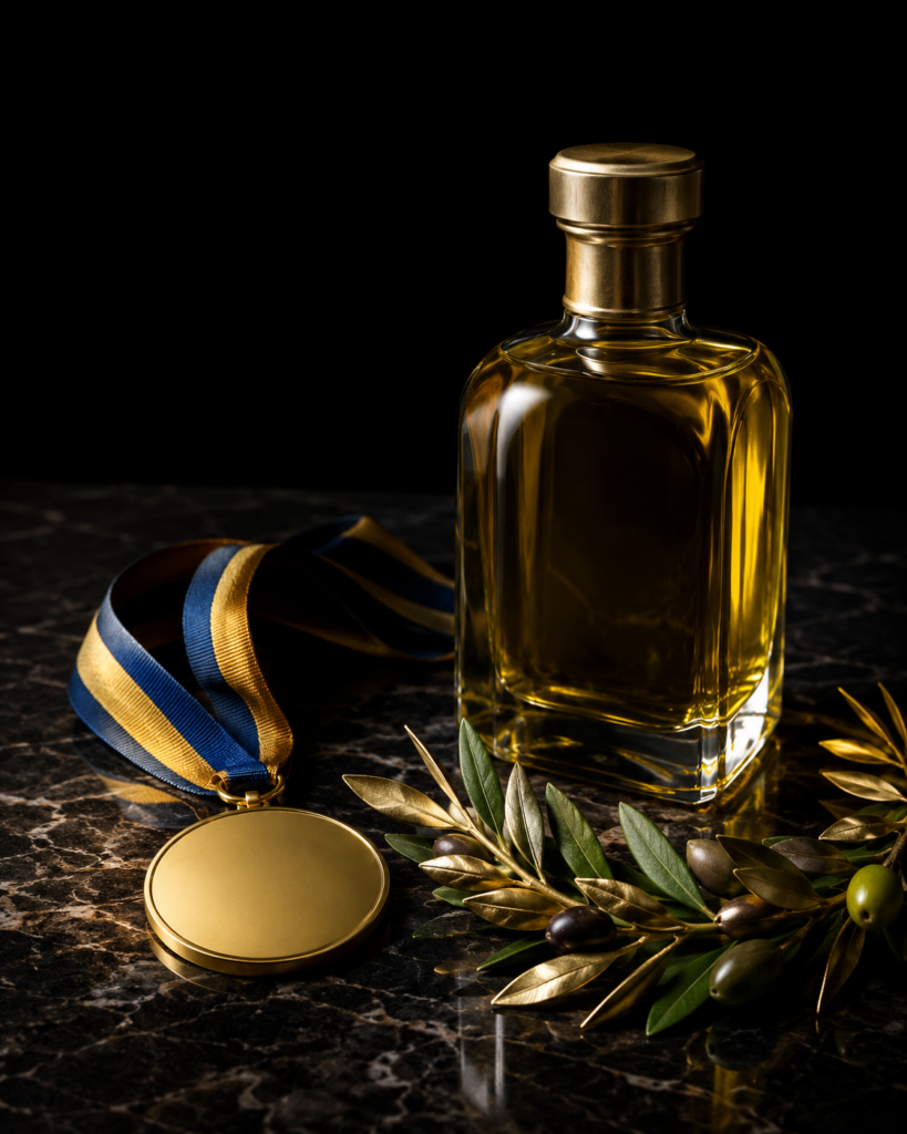 Gold medal and olive oil bottle in an elegant award display