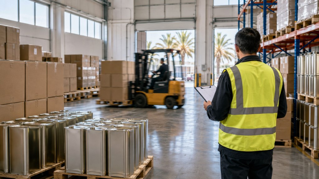 Warehouse with pallets of olive oil tins ready for export