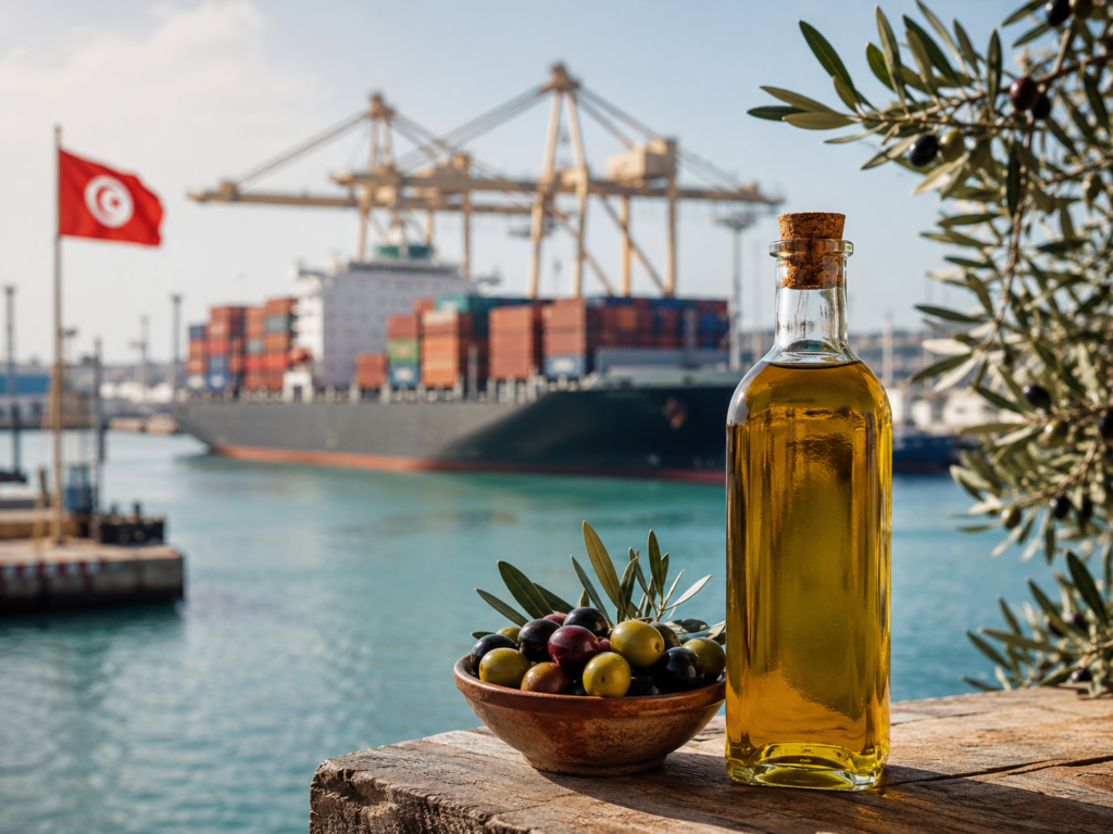 Container ship at Sfax port with olive oil bottle in foreground