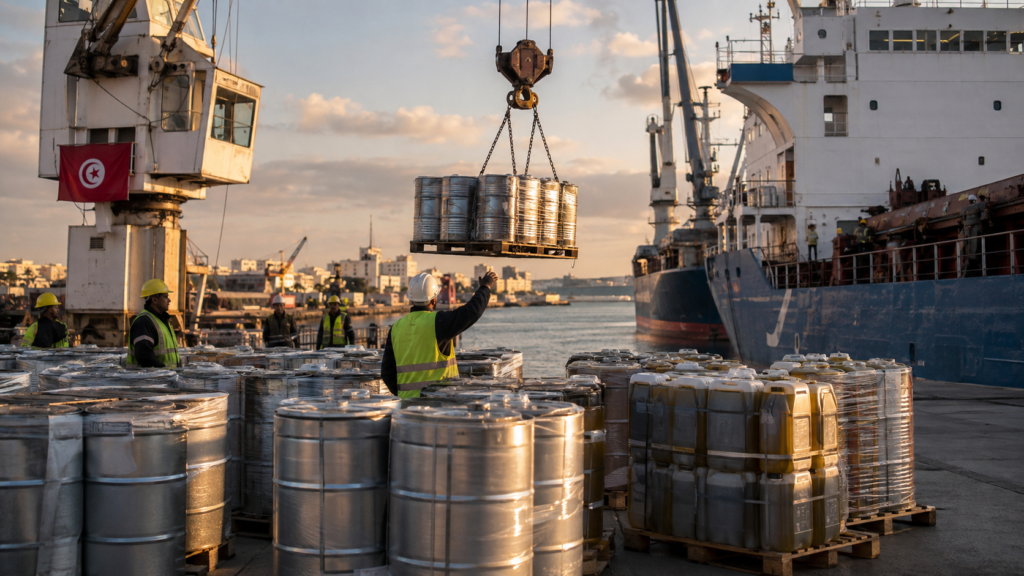 Dock workers loading drums of Tunisian olive oil onto a cargo ship at a Mediterranean port during the record 2025/26 export season