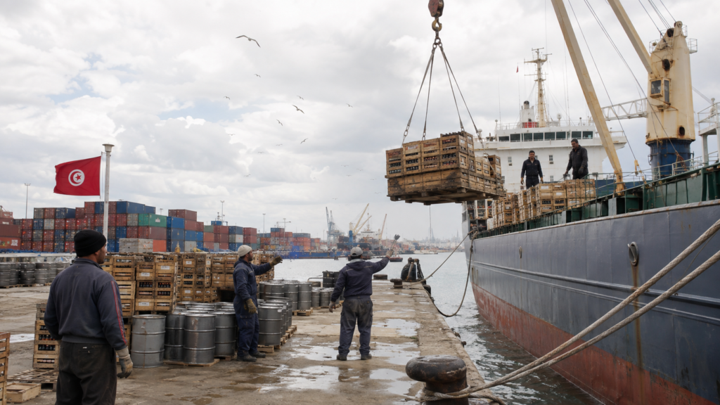 Workers loading olive oil crates and drums onto a cargo ship at a Tunisian port