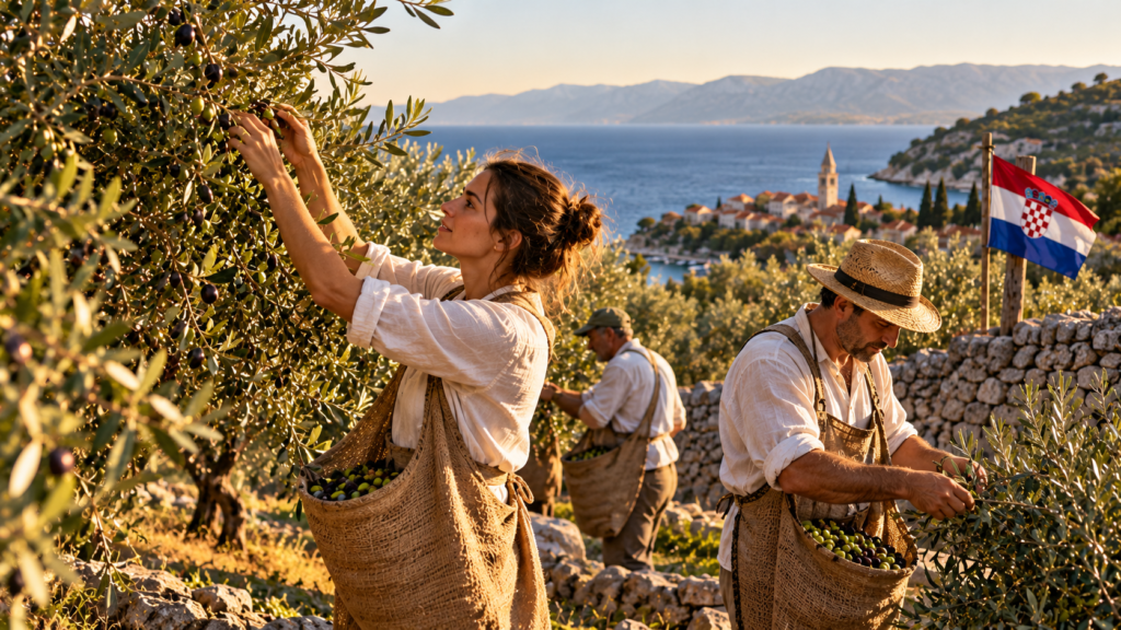 Hand-harvesting olives into jute aprons during Croatia World Olive Picking Championship on Brac island