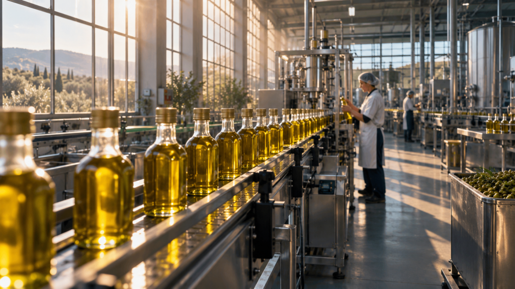 Olive oil bottles moving along a bottling line inside a European olive oil packaging factory