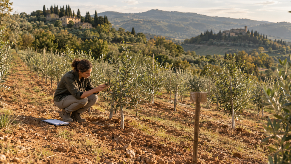 Researcher examining young olive tree saplings in a genetic conservation collection in Umbria, Italy