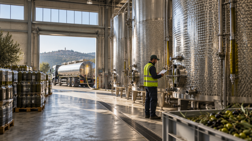 Industrial olive oil storage facility with steel tanks and tanker truck, representing Italy olive oil trade and imports