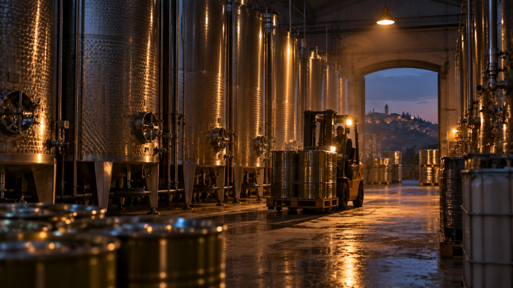 Italian olive oil storage warehouse with steel tanks at dusk, symbolizing Italy shift to olive oil import and trade hub