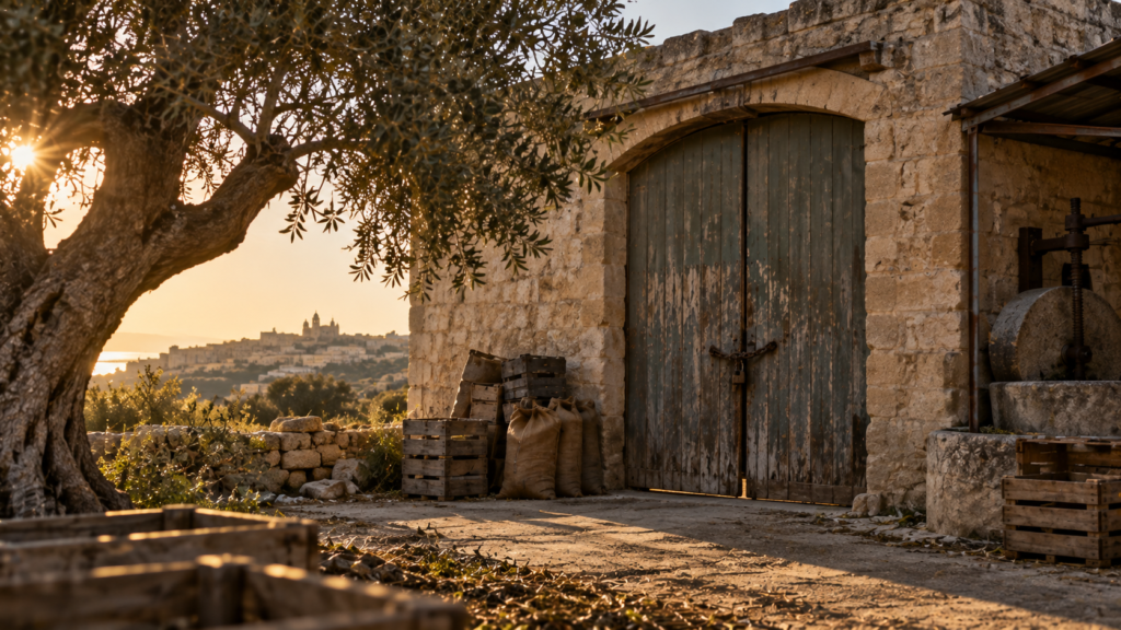 Closed traditional olive oil press building in Malta with locked gate and empty crates, symbolizing shrinking Mediterranean pressing capacity