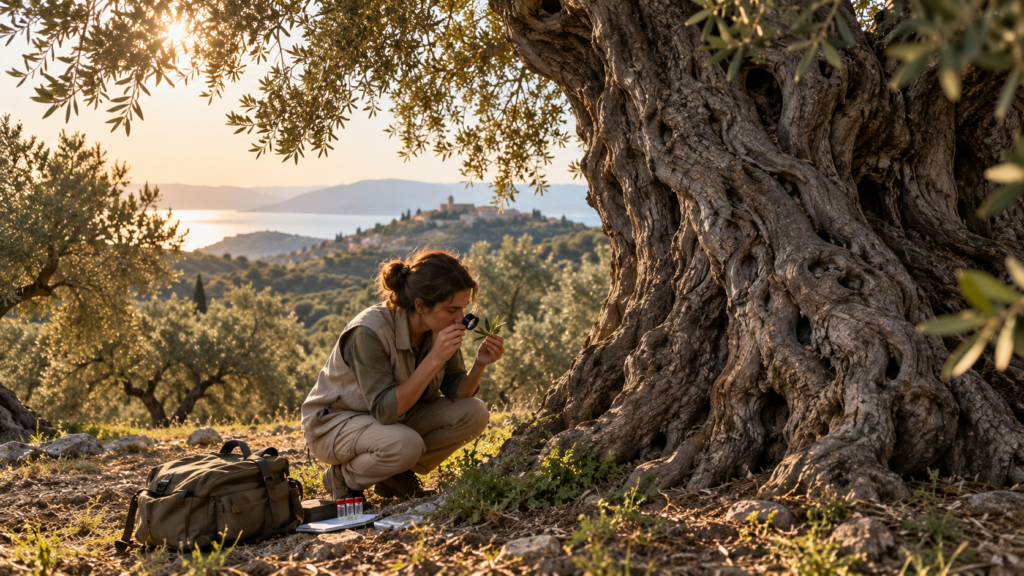 Researcher examining an ancient olive tree trunk in a Mediterranean grove during a genetic diversity study