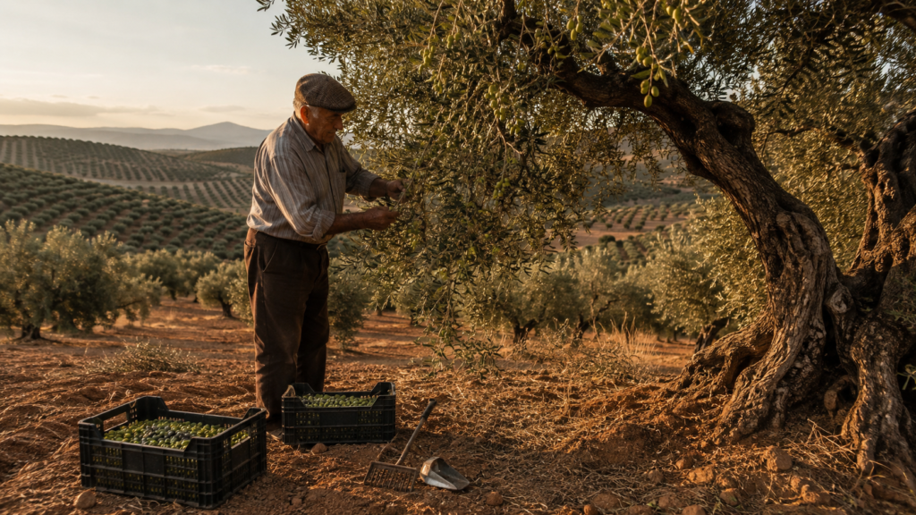 Andalusian olive grove at golden hour as Spanish olive oil production costs rise
