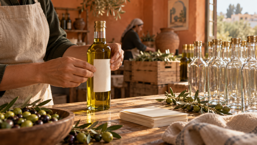 Worker hand-labeling a bottle of Tunisian olive oil in a small artisanal bottling workshop