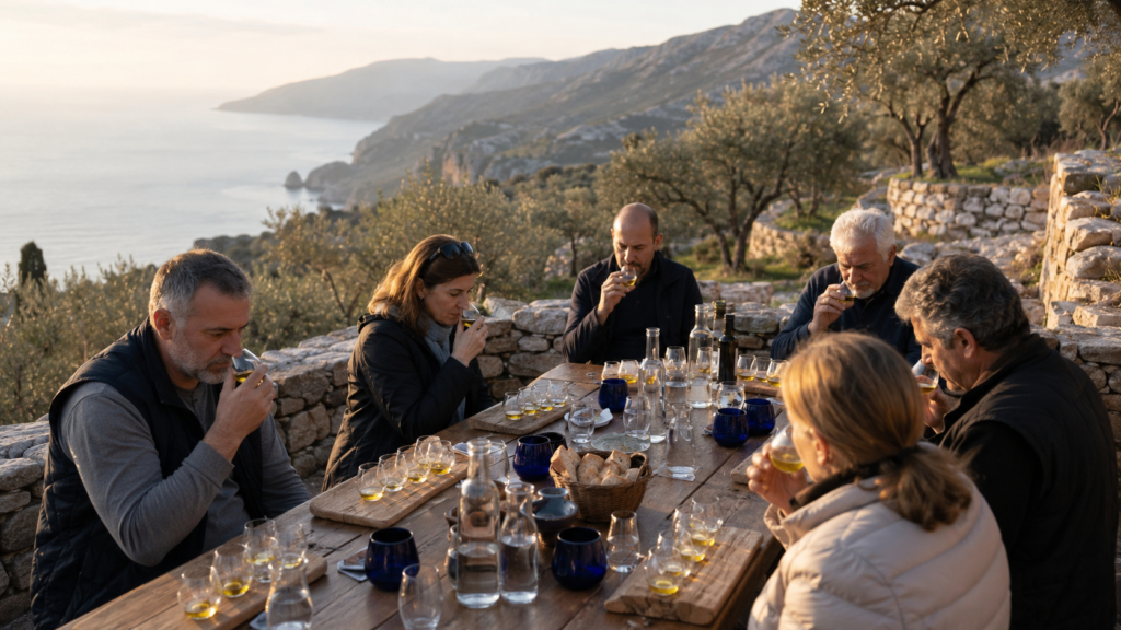 Olive oil tasting on a stone terrace overlooking the Adriatic coast, representing the Croatia, Slovenia, Bosnia and Montenegro joint olive oil quality initiative