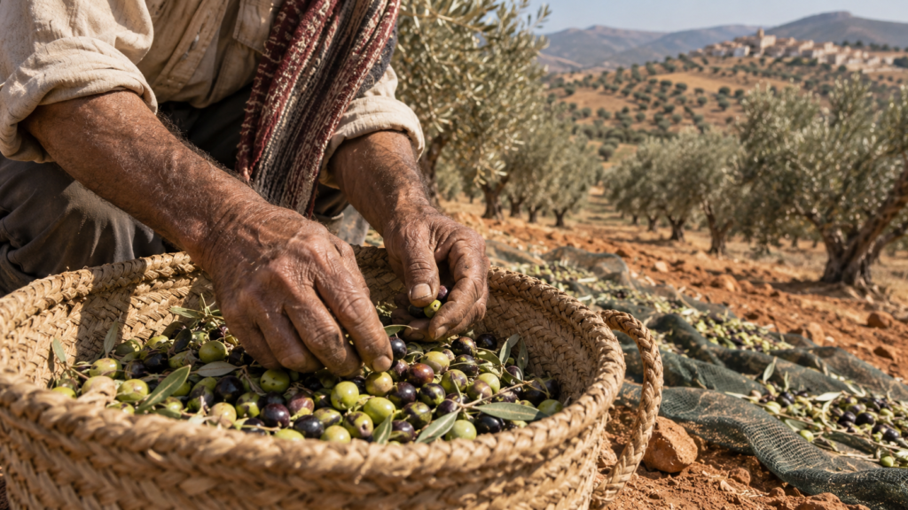 Tunisian olive farmer hand-sorting freshly harvested olives into a woven basket, illustrating Tunisia olive oil harvest decline 2026-2027