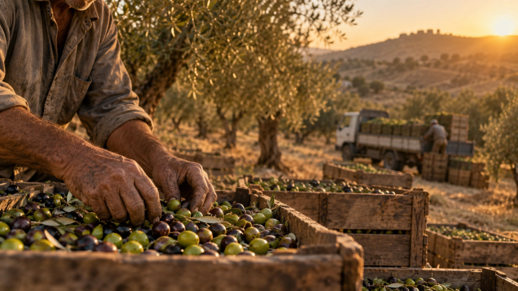 Tunisian olive farmer sorting fresh olive harvest into crates at golden hour with export truck