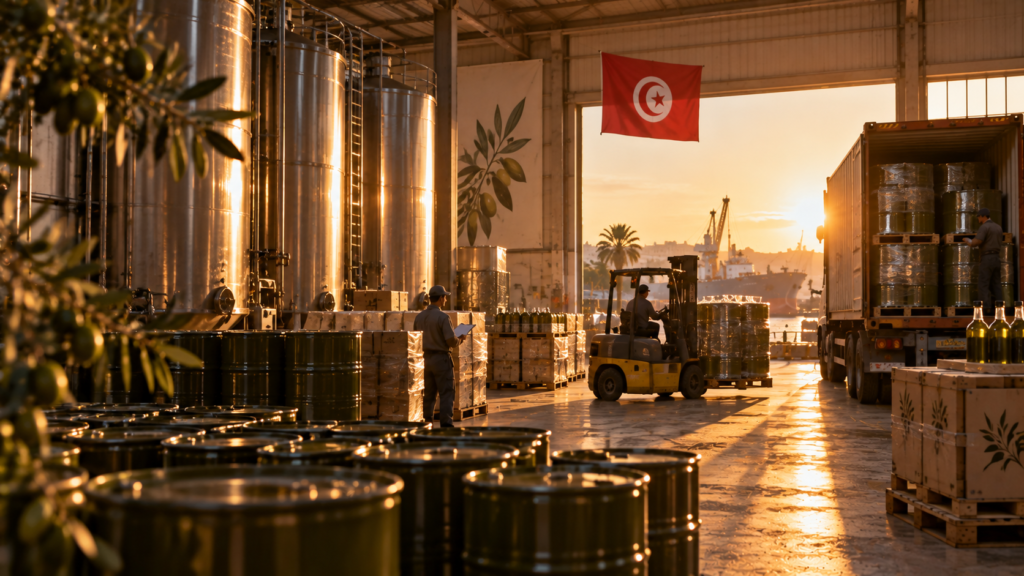 Tunisian olive oil warehouse at golden hour with bulk storage tanks and export shipment