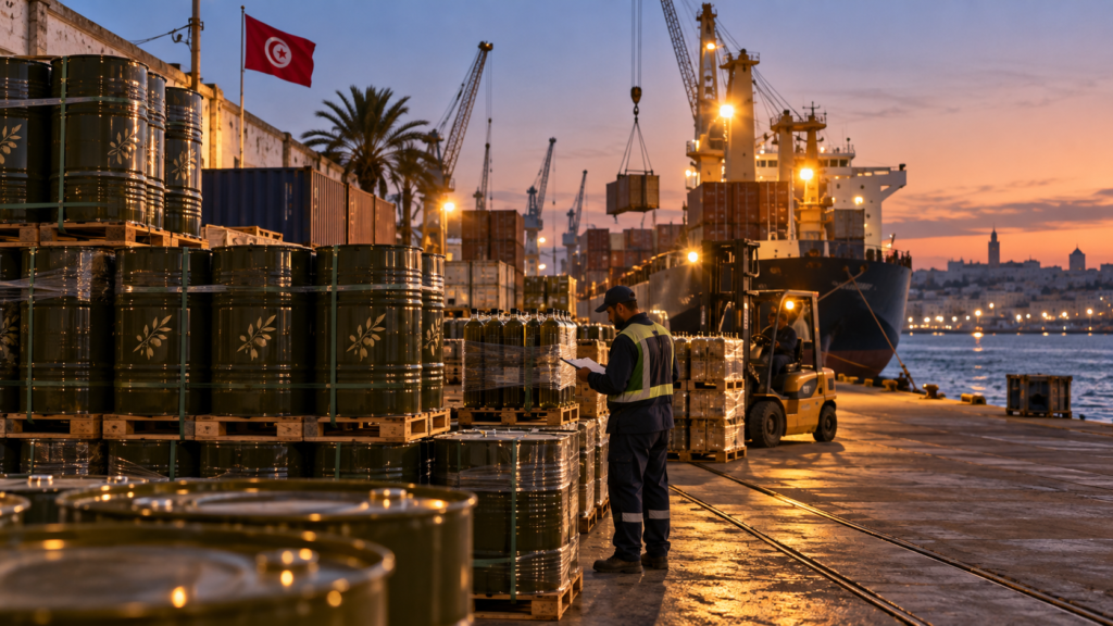 Tunisian port warehouse at dusk with export drums and shipping containers, symbolizing Tunisia overtaking Turkey as the world's second-largest olive oil producer