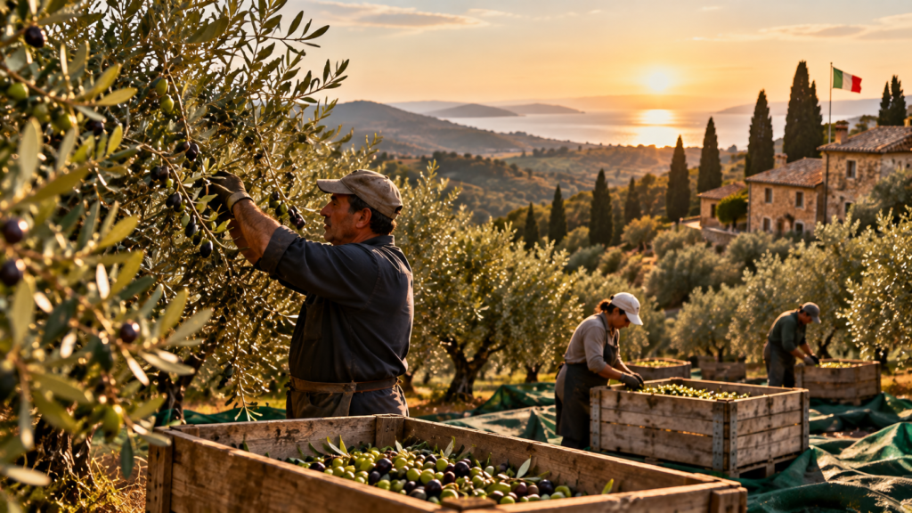 Olive harvest workers picking olives in a Tuscany hillside grove at sunset