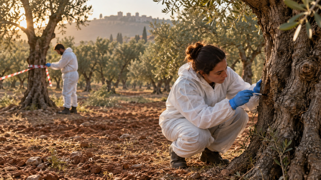 Agricultural inspectors examining olive trees for Xylella fastidiosa in a Mediterranean olive grove