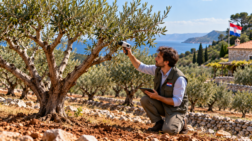 Agronomist using a handheld near-infrared sensor to measure oil content in a pruned olive tree in Dalmatia, Croatia