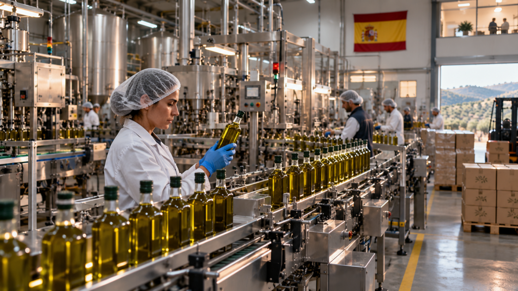 Olive oil bottling plant worker inspecting bottles in Spain with Spanish flag, Deoleo sale 2026
