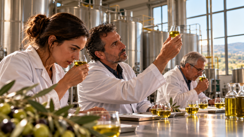 Olive oil quality graders tasting samples at a bulk export warehouse amid a global 2026/27 production surplus