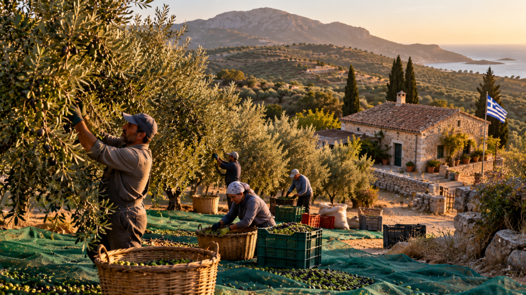 Farm workers hand-picking olives in a Greek olive grove during harvest season