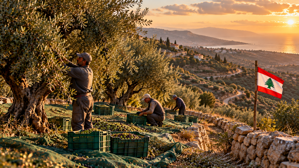 Farmers hand-harvesting olives on a terraced hillside grove in southern Lebanon at sunset, with a Lebanese flag in the background