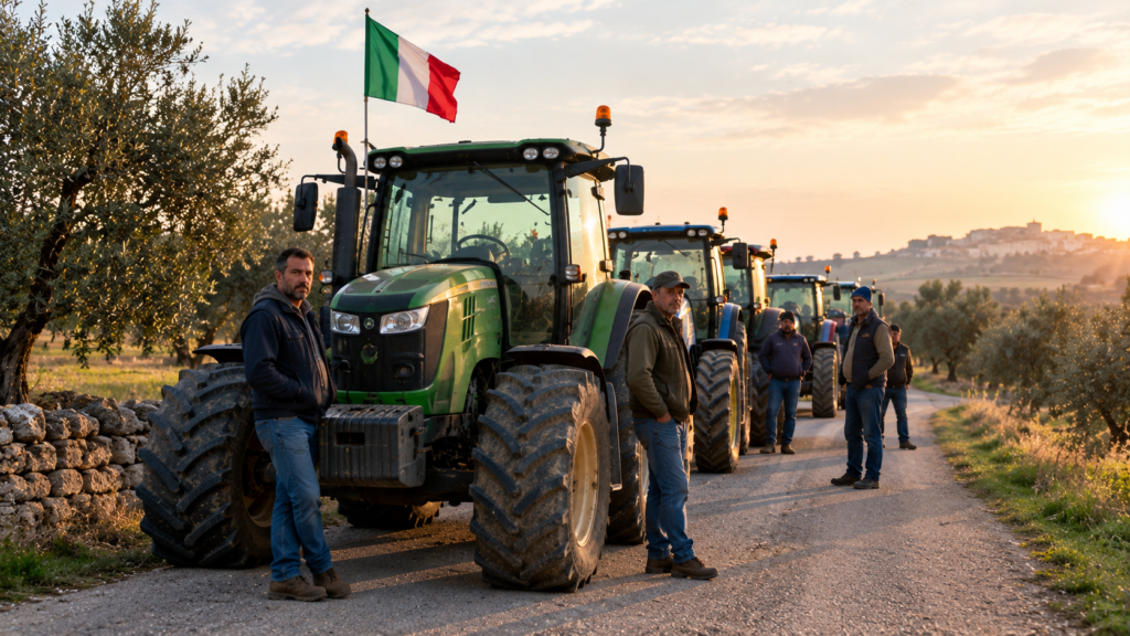 Italian olive farmers block a rural road with tractors near olive groves in Puglia during price protests