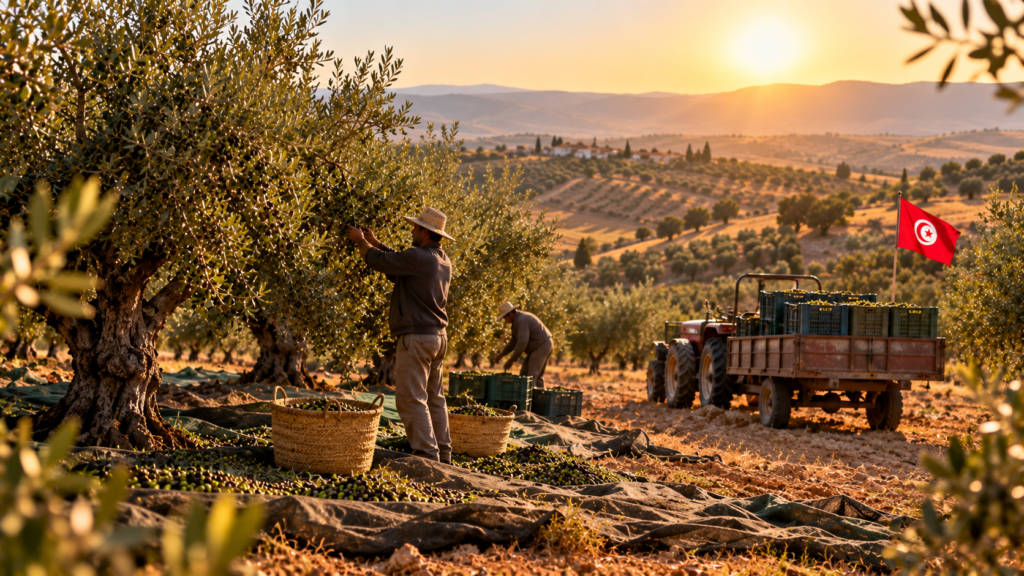 Farmer hand-harvesting olives in Sidi Bouzid Tunisia at sunrise with tractor and Tunisian flag