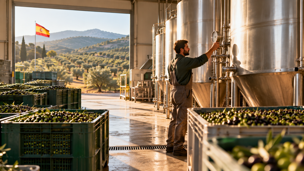 Worker checking olive oil storage tanks at an Andalusian mill in Spain with olive groves and Spanish flag in background