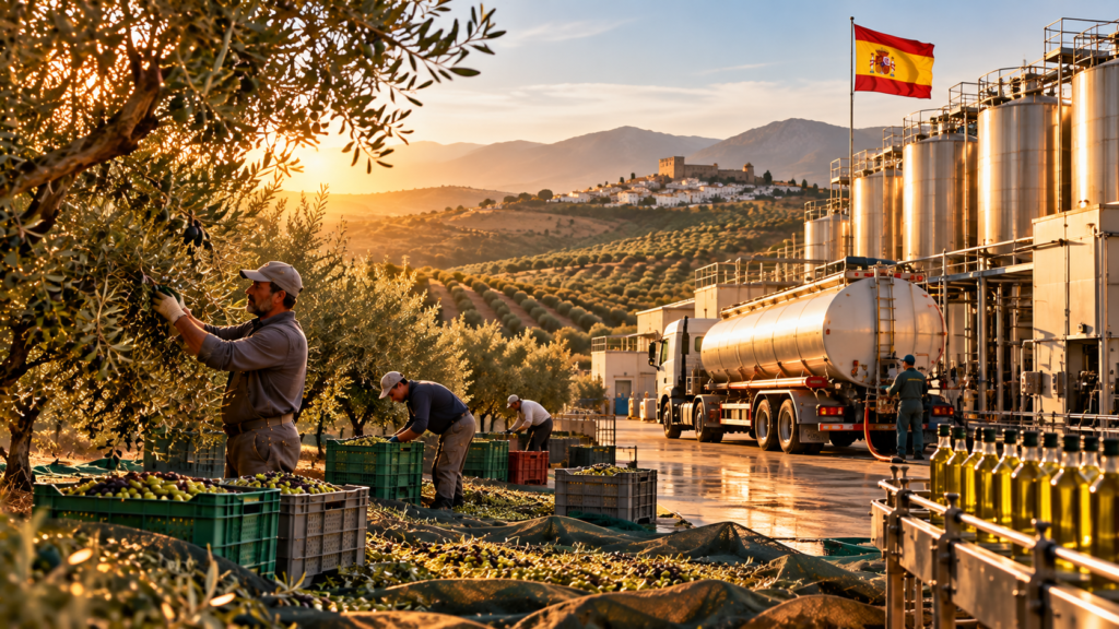 Olive harvest workers and storage tanks with Spanish flag, Andalusia