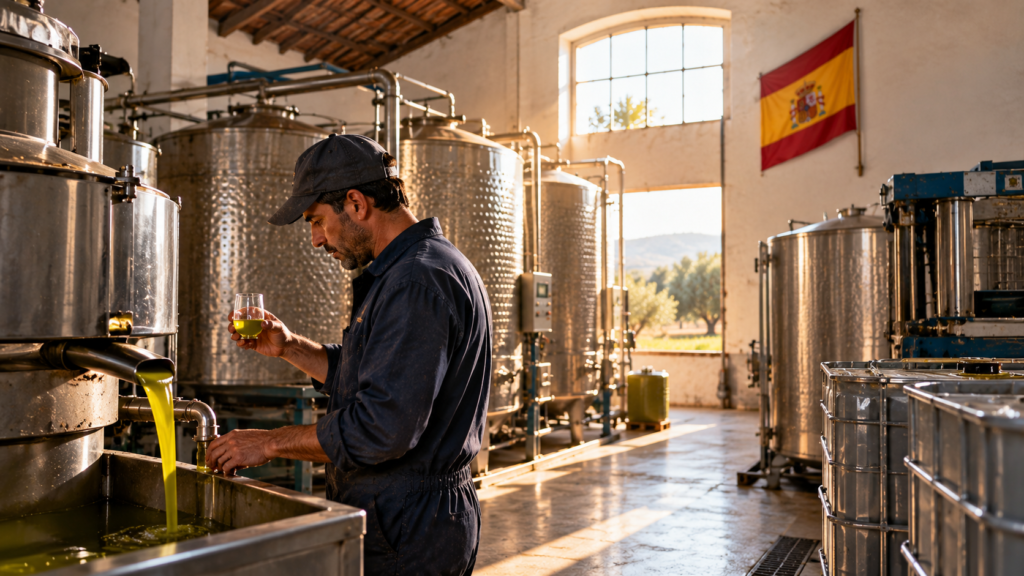 Spanish olive mill worker checking fresh olive oil as wholesale prices hit a 5-year low