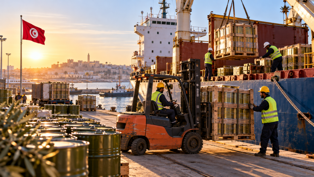Workers loading olive oil crates and drums onto a cargo ship at a Tunisian export port, with the Tunisian flag flying on the dock