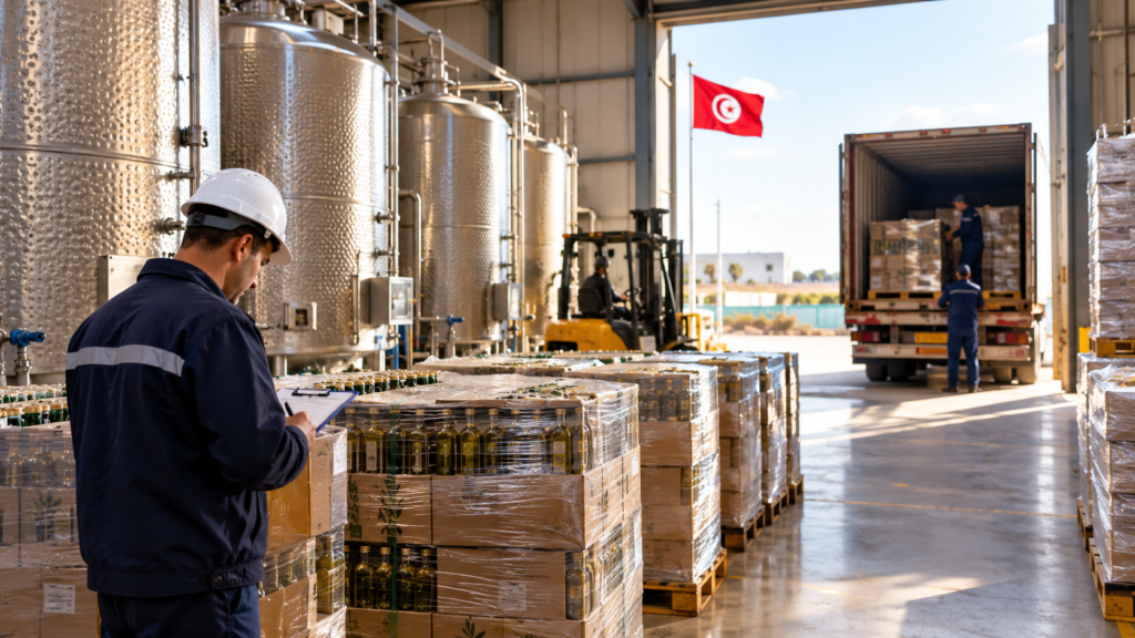 Tunisian olive oil export warehouse with storage tanks and crates ready for shipment