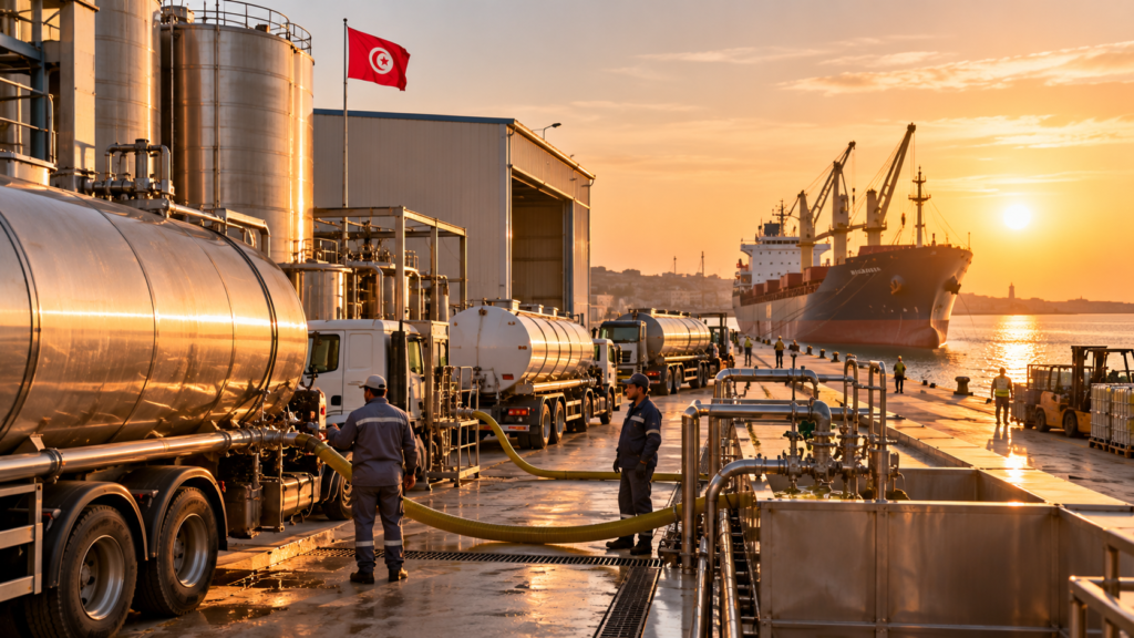 Tunisian port export facility with bulk olive oil tanker trucks at sunset
