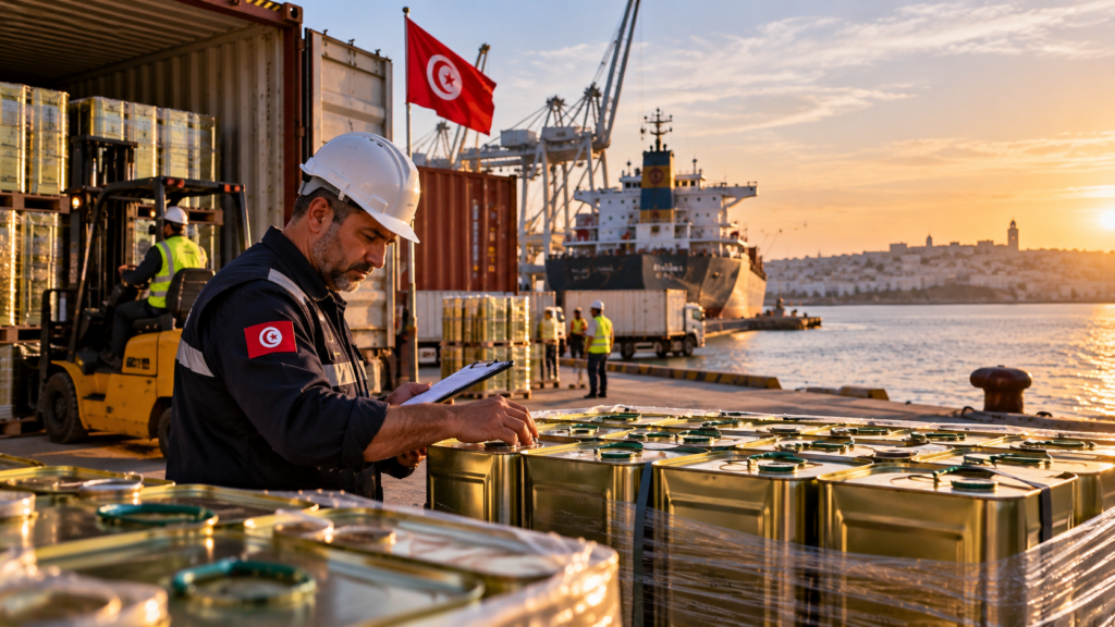Export quality officer inspecting olive oil drums at a Tunisian port as Tunisia becomes the top US olive oil supplier